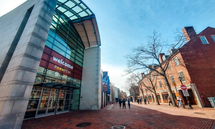 The entrance of the Peabody Essex Museum on Essex Street in Salem, Massachusetts