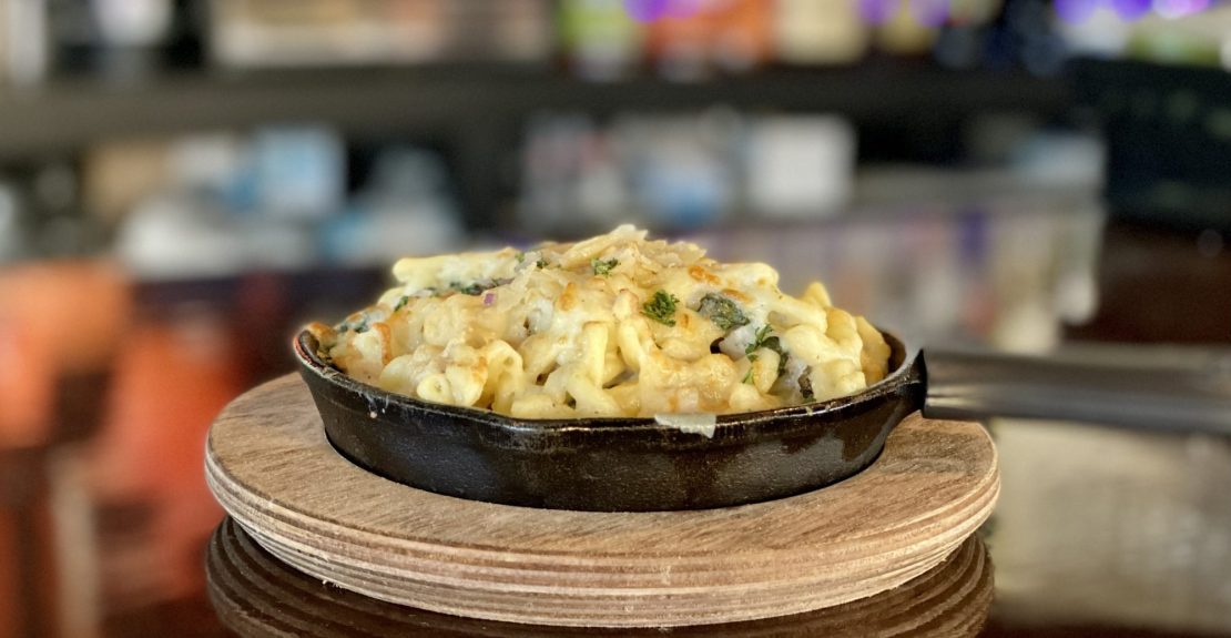 A skillet of homemade mac & cheese