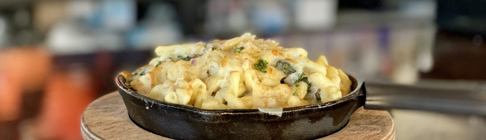 A skillet of homemade mac & cheese
