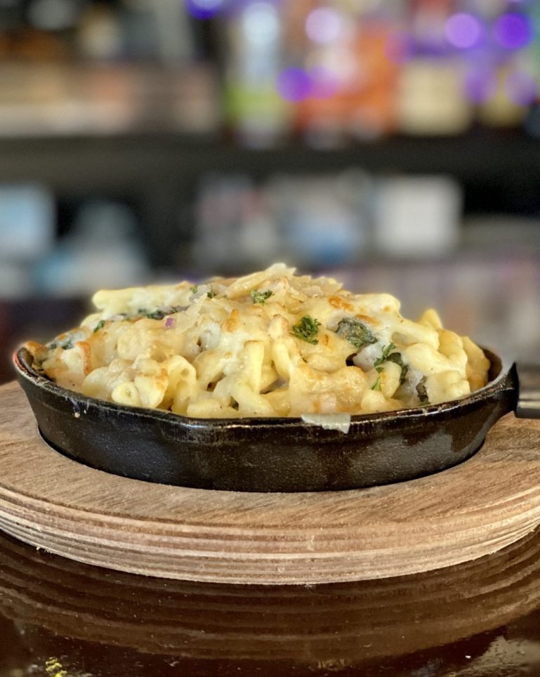 A skillet of homemade mac & cheese