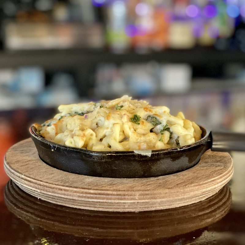 A skillet of homemade mac & cheese