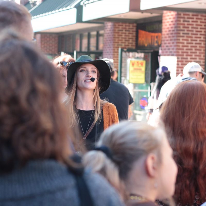 Walking Tour Guide on Essex Street in Salem, Massachusetts