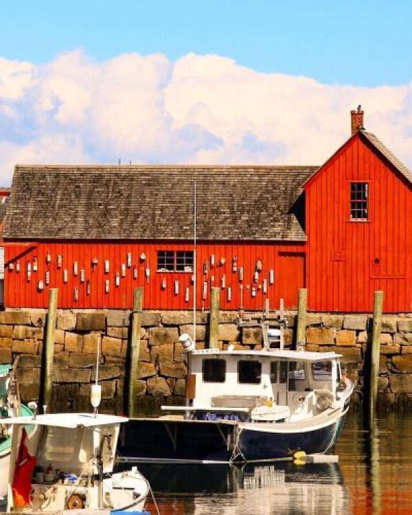 The historic red barn in Rockport, Massachusetts overlooking the water
